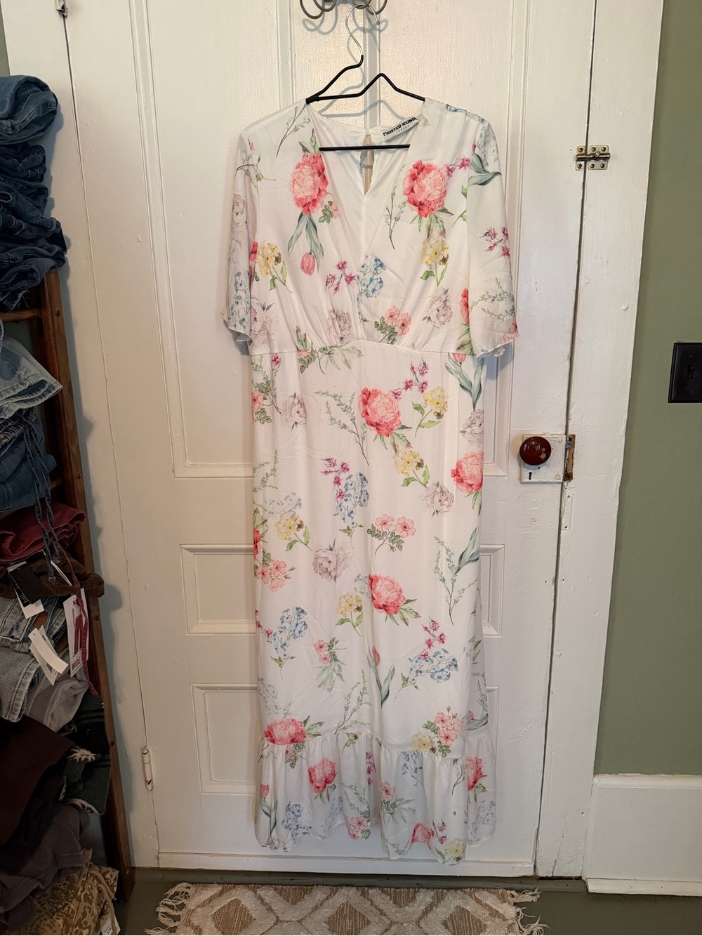 ASOS Floral V-Neck Maxi Dress in White with Pink Blooms